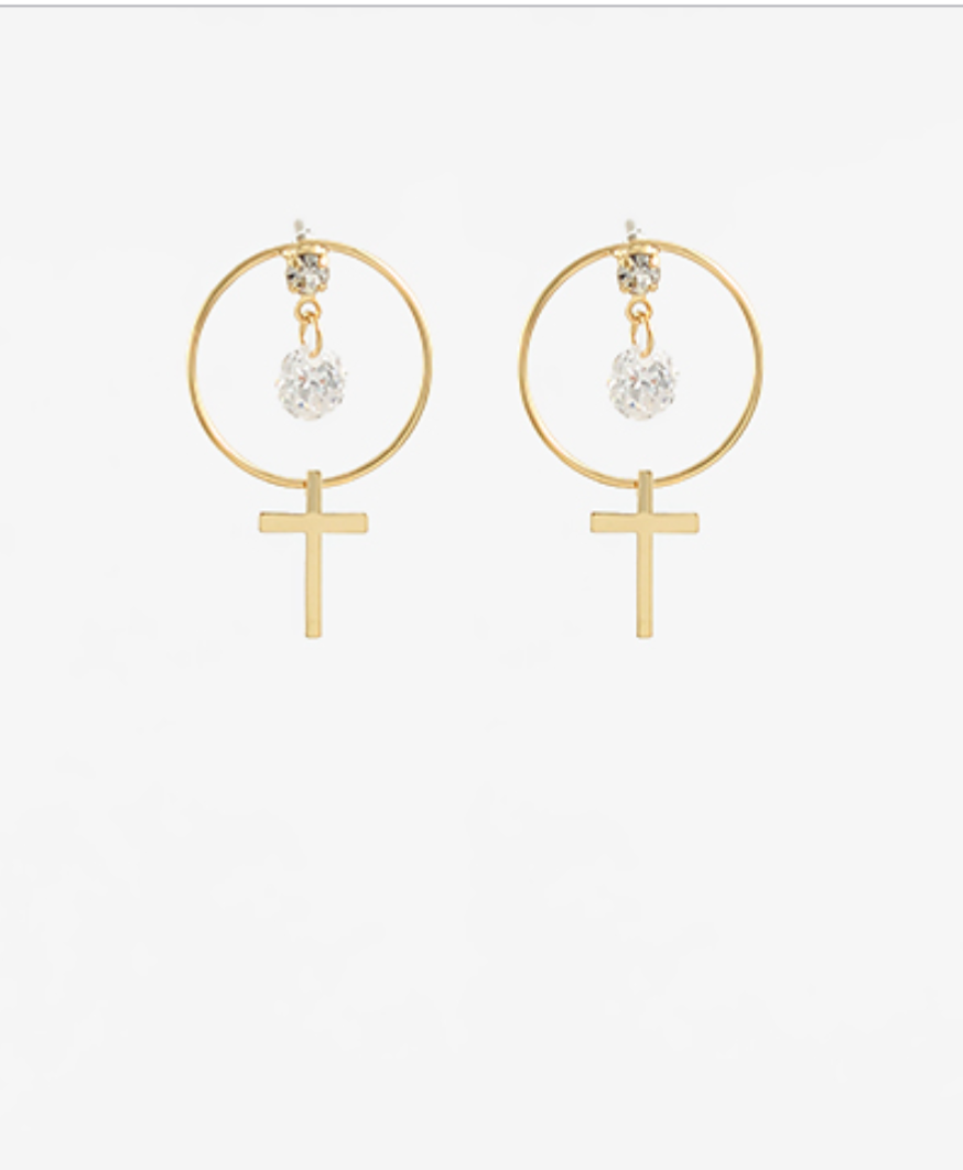 Cross Dangle Circle Stud Earrings