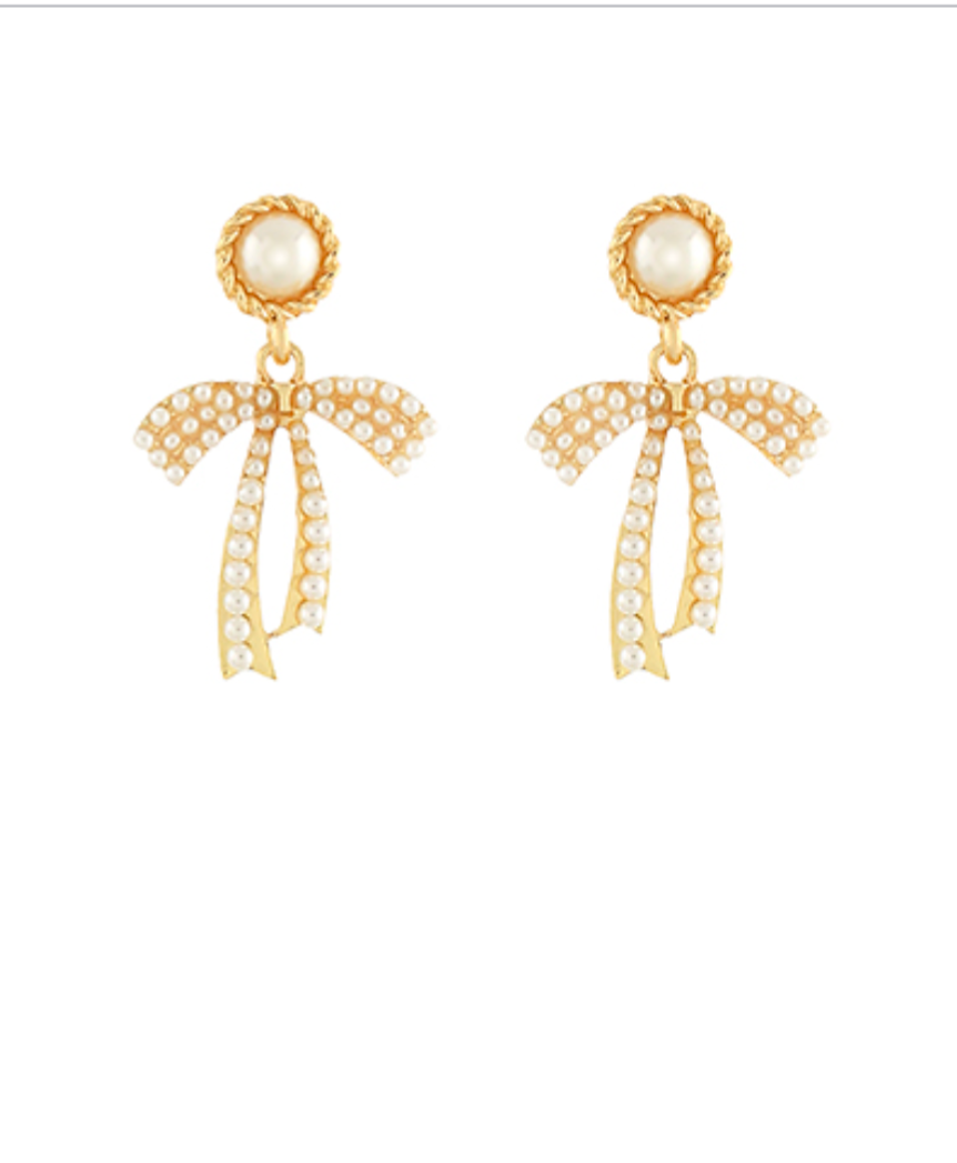Pearl Bow Drop Stud Earrings