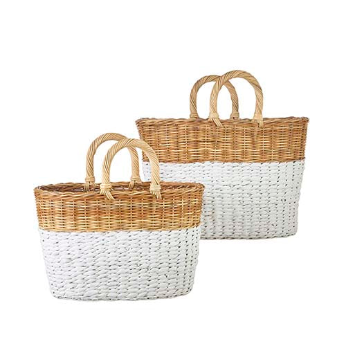 Natural/White Toned Handled Basket Assort Size