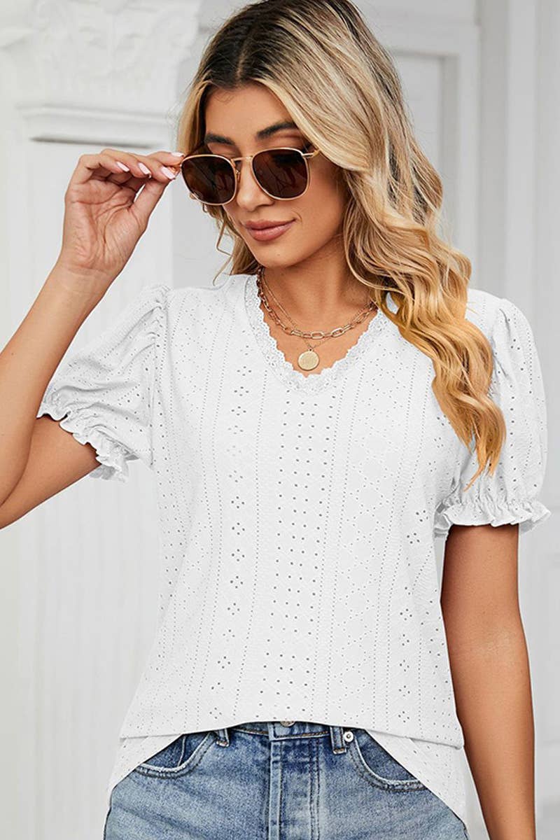 Punching Lace Puff Short Sleeve Top