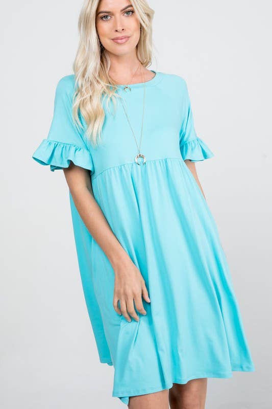 Solid Ruffled Sleeve Babydoll Dress Capri