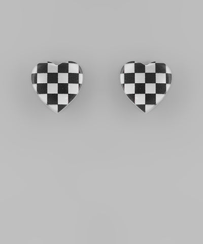 Checkered Heart Earrings Blk/Wh