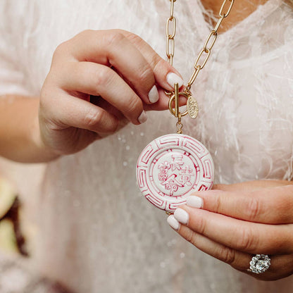 Ophelia Pink Chinoiserie Pendant T-Bar Necklace in Pink & White