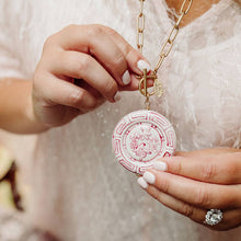 Load image into Gallery viewer, Ophelia Pink Chinoiserie Pendant T-Bar Necklace in Pink &amp; White
