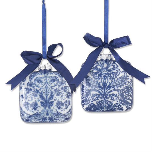 Square Blue & White Floral Print Ornament