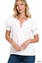 Load image into Gallery viewer, Woven Airflow V-neck Smocked Puff Sleeve Top White
