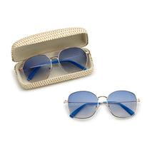 Load image into Gallery viewer, Gold Framed Blue Lens Glasses w/Rattan Case
