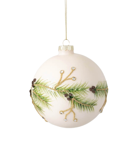 Pinecone w Holly Leaves Cream Glass Ornament