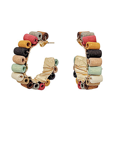 Multi Color Wood Beads Wired Hoop Earring