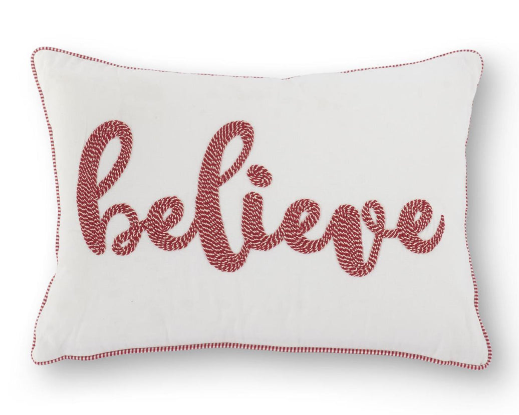 BELIEVE Pillow Embroidered Red White