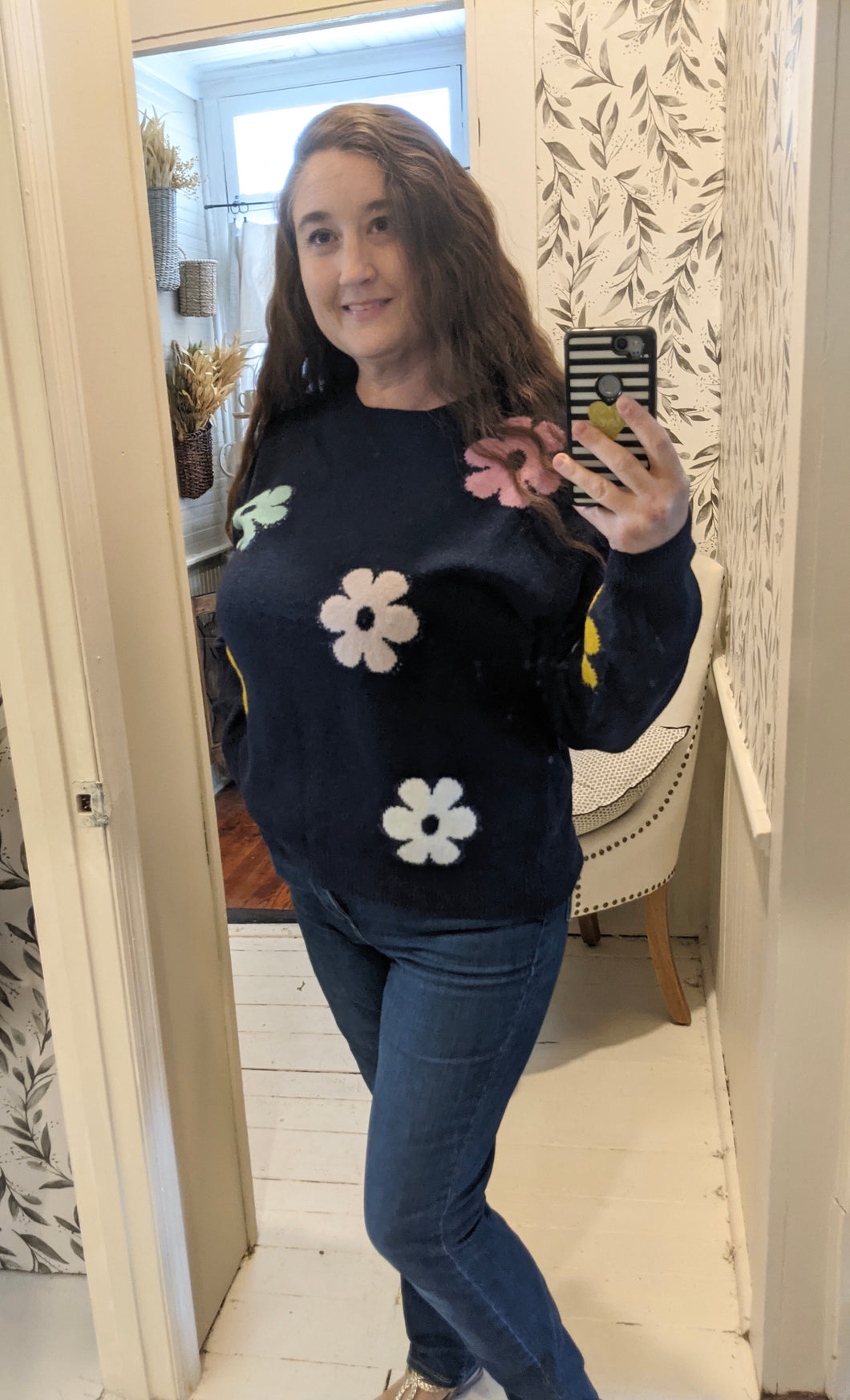 Navy Blue Flower Sweater