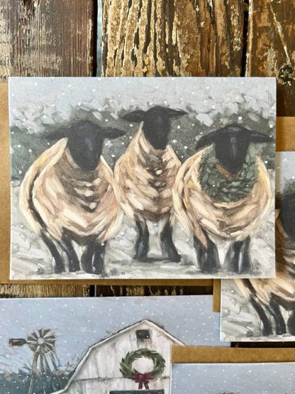 Notecard set of 4, Christmas lamb, winter barn, Holiday card