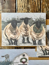Load image into Gallery viewer, Notecard set of 4, Christmas lamb, winter barn, Holiday card
