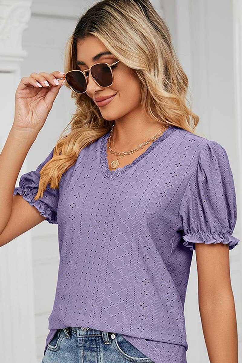 Punching Lace Puff Short Sleeve Top