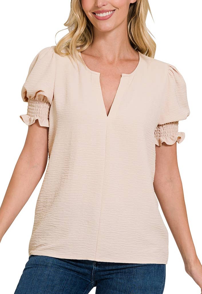Woven Airflow V-neck Smocked Puff Sleeve Top Sand Beige