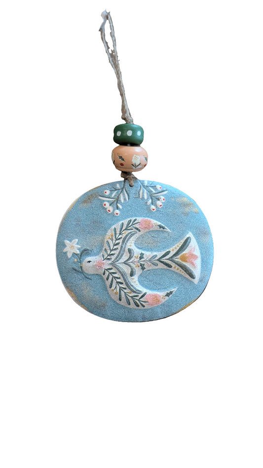 Round Metal Ornament w/Bird and Wood Beads