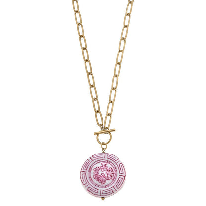 Ophelia Pink Chinoiserie Pendant T-Bar Necklace in Pink & White