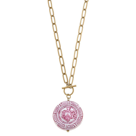 Ophelia Pink Chinoiserie Pendant T-Bar Necklace in Pink & White