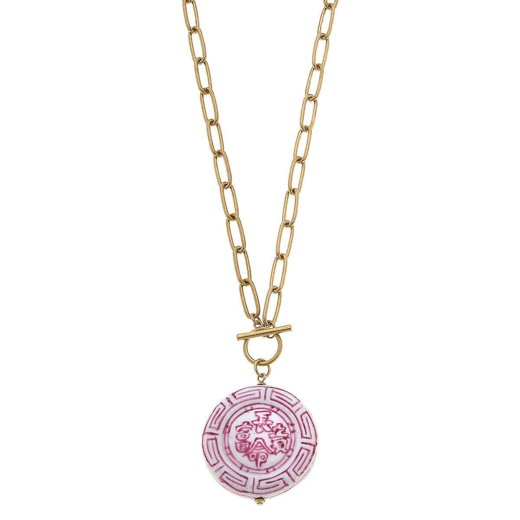 Ophelia Pink Chinoiserie Pendant T-Bar Necklace in Pink & White