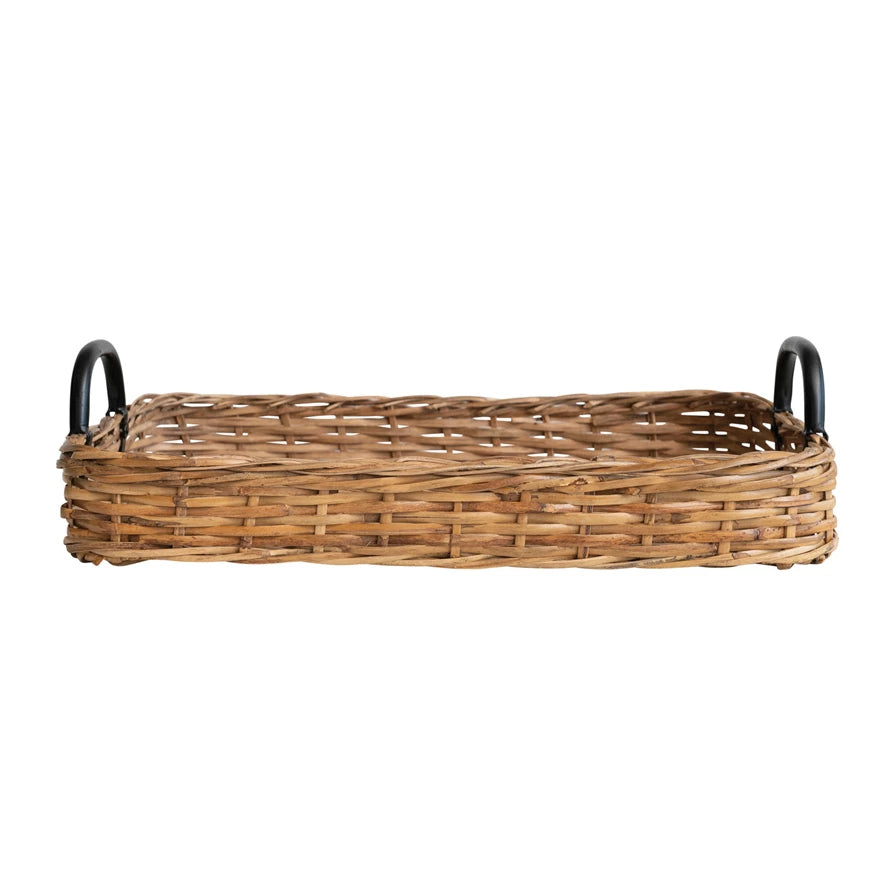 Hand Woven Rattan Tray w/Metal Handles