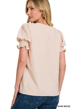 Load image into Gallery viewer, Woven Airflow V-neck Smocked Puff Sleeve Top Sand Beige
