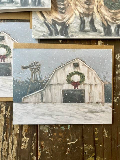 Notecard set of 4, Christmas lamb, winter barn, Holiday card