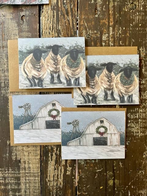 Notecard set of 4, Christmas lamb, winter barn, Holiday card