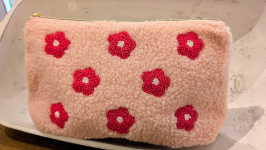 Fluffy Cosmetic Bag w/Flower