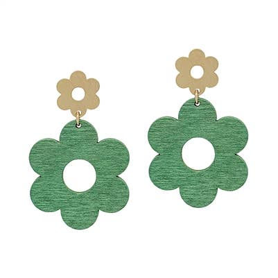 Gold Metal Flower with Green Flower Drop 2" Earring