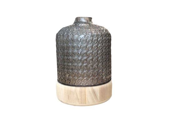 Gray Textured Glass Vase w/Wood Base 8.5