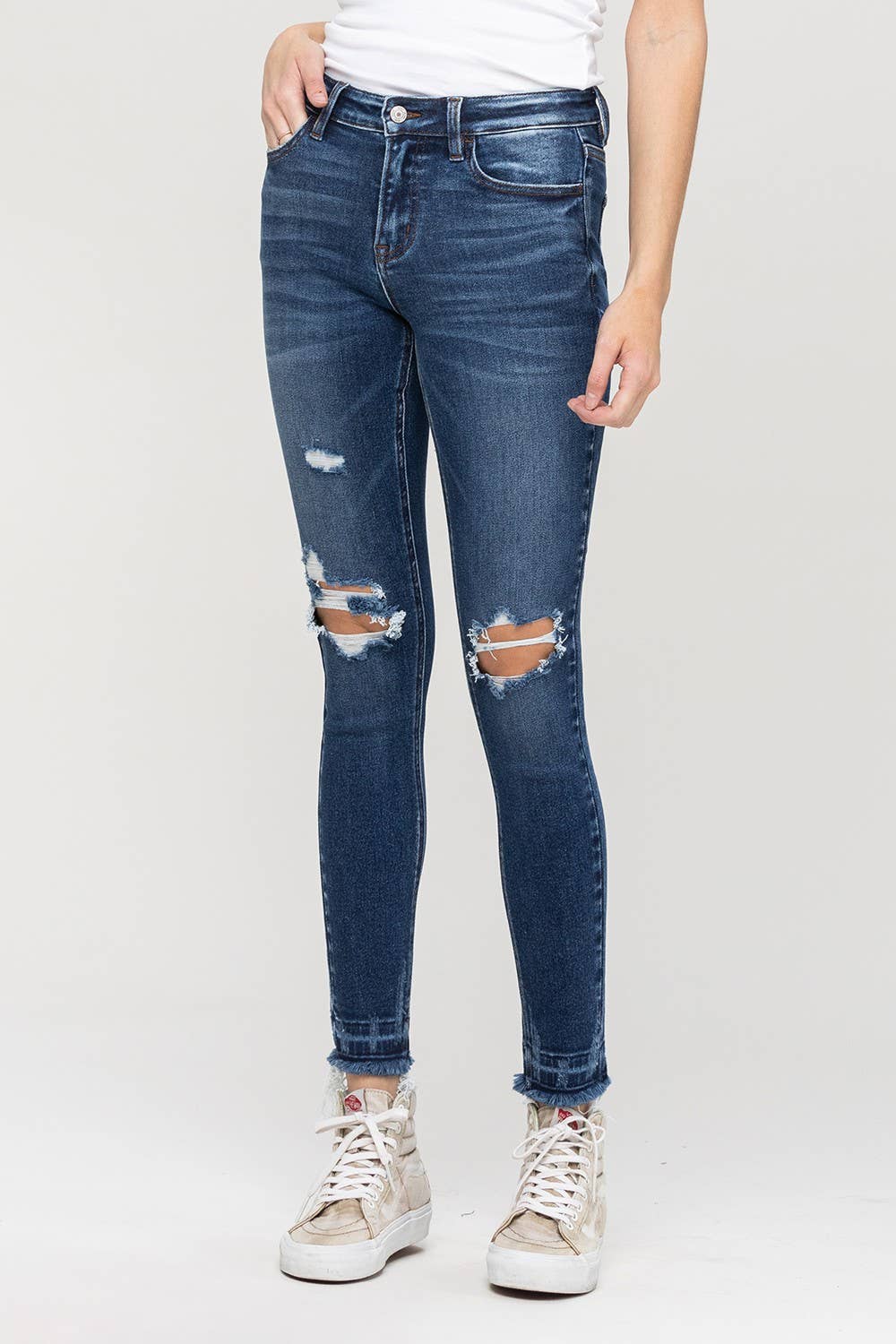 Mid Rise Distressed Frayed Hem Ankle Skinny Jeans