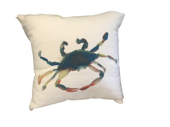 Blue Crab Hand Painted Pillow 16x16