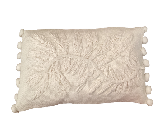 Leaf Embroidered Lumbar Pillow White