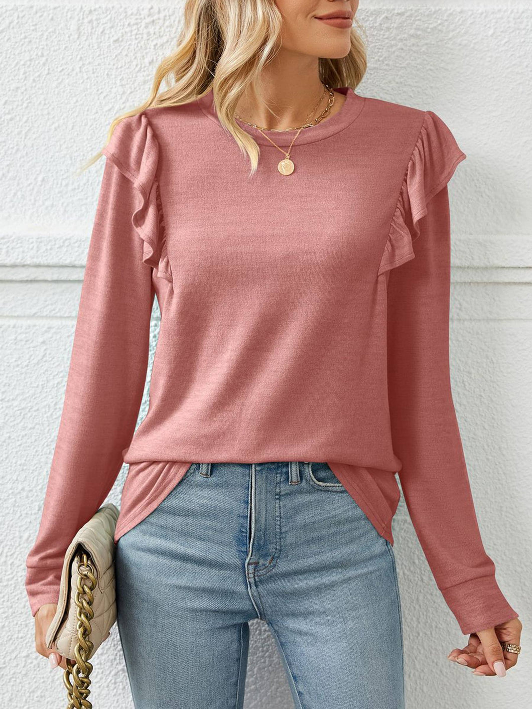 Edge Long Sleeved Round Neck Top Pink