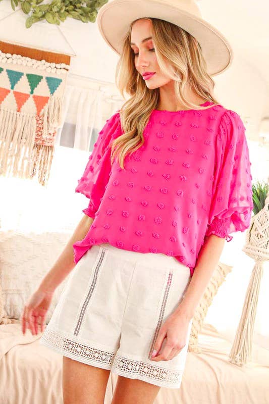 Round Neck Textured Dotted Sheer Blouse