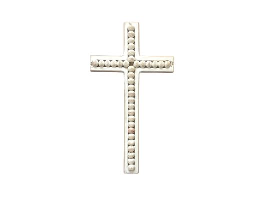 Large Beaded Wood Cross 11" White